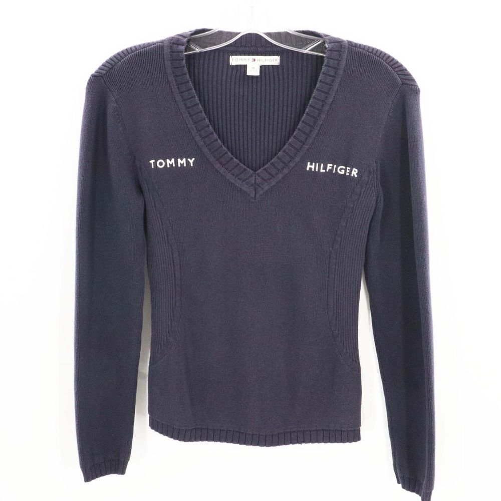 Tommy Hilfiger Navy Blue Cotton Vneck Sweater